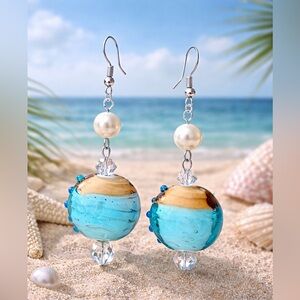 Handmade Turquoise Beach Glass Drop Earrings - Women Jewelry